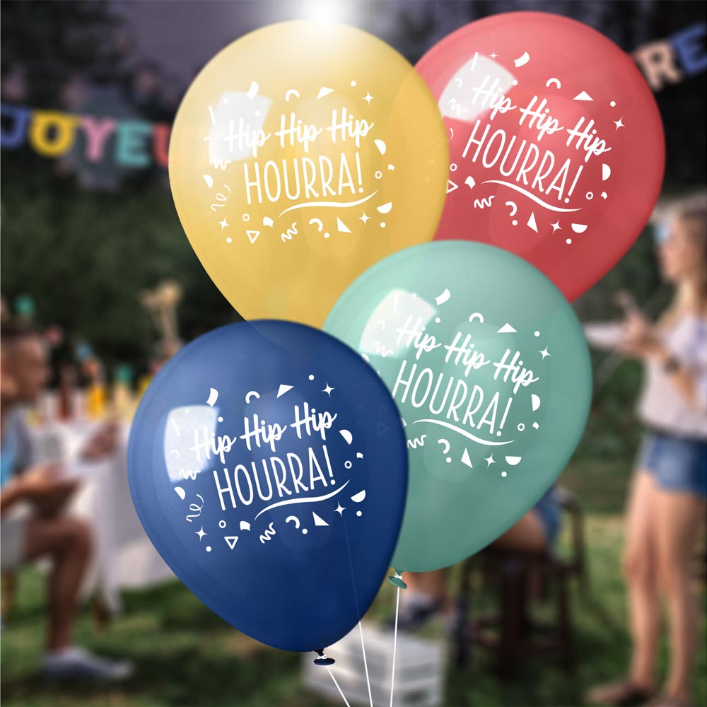 Lot de 8 Ballons Multicolores : "Hip Hip Hip Hourra !