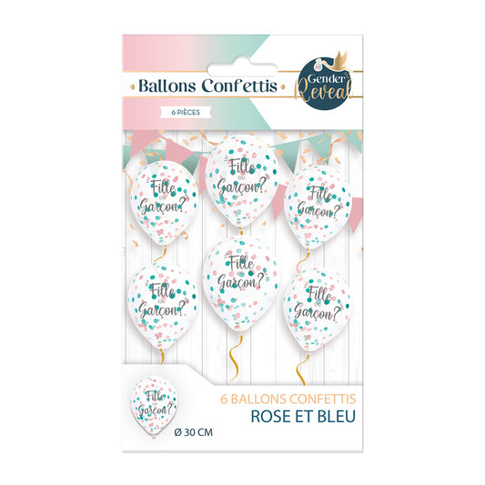 Sachet de 6 Ballons Confettis Gender Reveal - "Fille ou Garçon ?" 30 cm