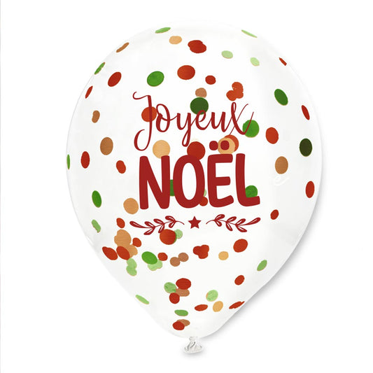 Sachet de 6 Ballons Transparents à Confettis - Joyeux Noël Rouge