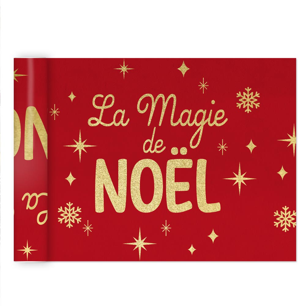 Chemin de Table Noël 4m – Rouge et Doré avec "La Magie de Noël"