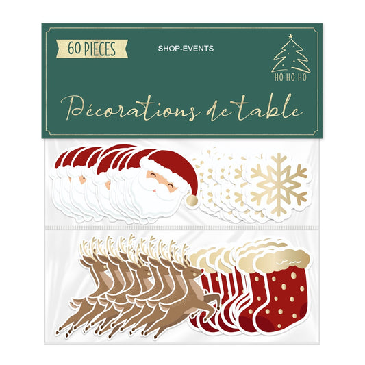 60 Décorations de Table de Noël – Père Noël, Flocons Dorés, Cerf et Chaussettes Cadeaux